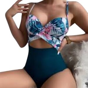 3/$20 Blue Green Floral Cut Out One-Piece Swimsuit Sz L Open to Offers